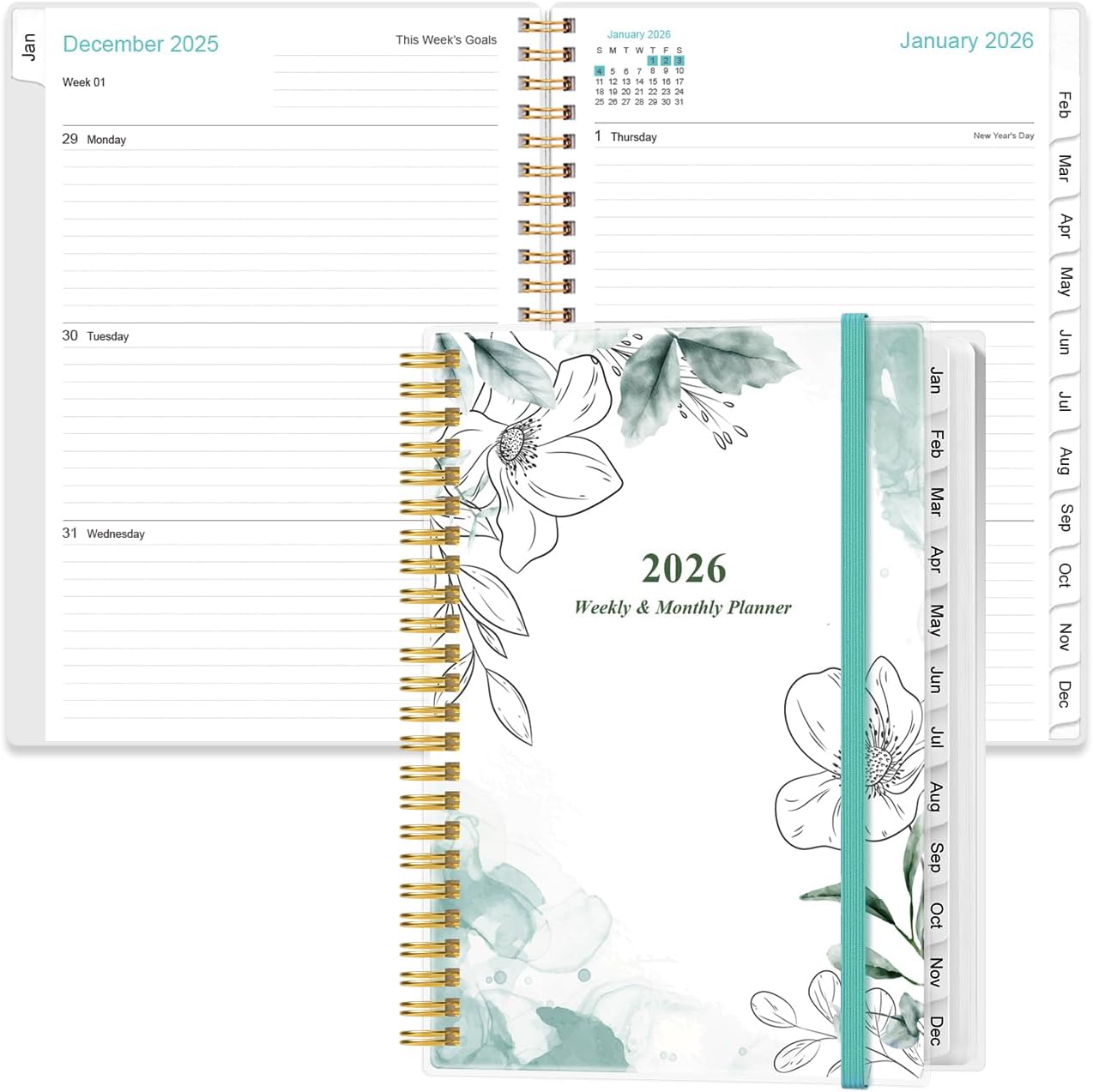 Planner 2026 - A5 Weekly & Monthly Planner Spiral Bound, January 2026 to December 2026, Planners 2026 with Flexible Cover, Tabs, Inner Pocket, 6.4" x 8.5", Teal Flowers