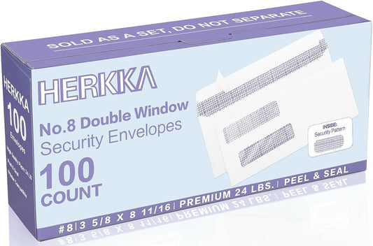 #8 Double Window Security Check Envelopes, No.8 Double Window Bussiness Envelopes Designed for QuickBooks Checks - Computer Printed Checks - 3 5/8 X 8 11/16 (NOT for INVOICES) - 24 LB - 100 PACK