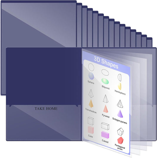 Henoyso 24 Pcs School and Home 2 Pocket Folders with 4 Clear Inner Pockets Plastic Heavy Duty Homework Folders Parent Teacher Communication for Student Home Office Classroom,11 x 9 Inch (Navy Blue)