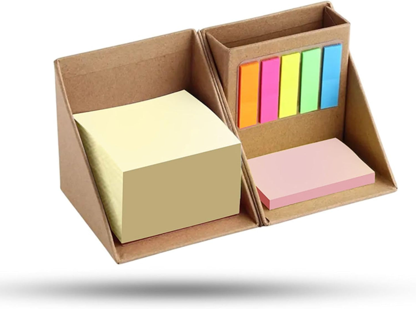 Sticky Notes Organizer Cube with Pen Holder, 3-in-1 Memo Pad Set with 300 Yellow Notes, 50 Pink Pads & 125 Translucent Tabs, Portable Desk Organizer for Home, School, and Office Desk (Brown)