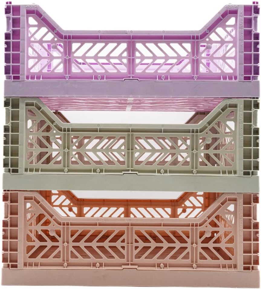 Collapsible Storage Box, Foldable Crate Organizer Bin with Handle, Stackable Crates for Home Organization (Lilac-LightGray-Peach, 14L - 3 Pack)