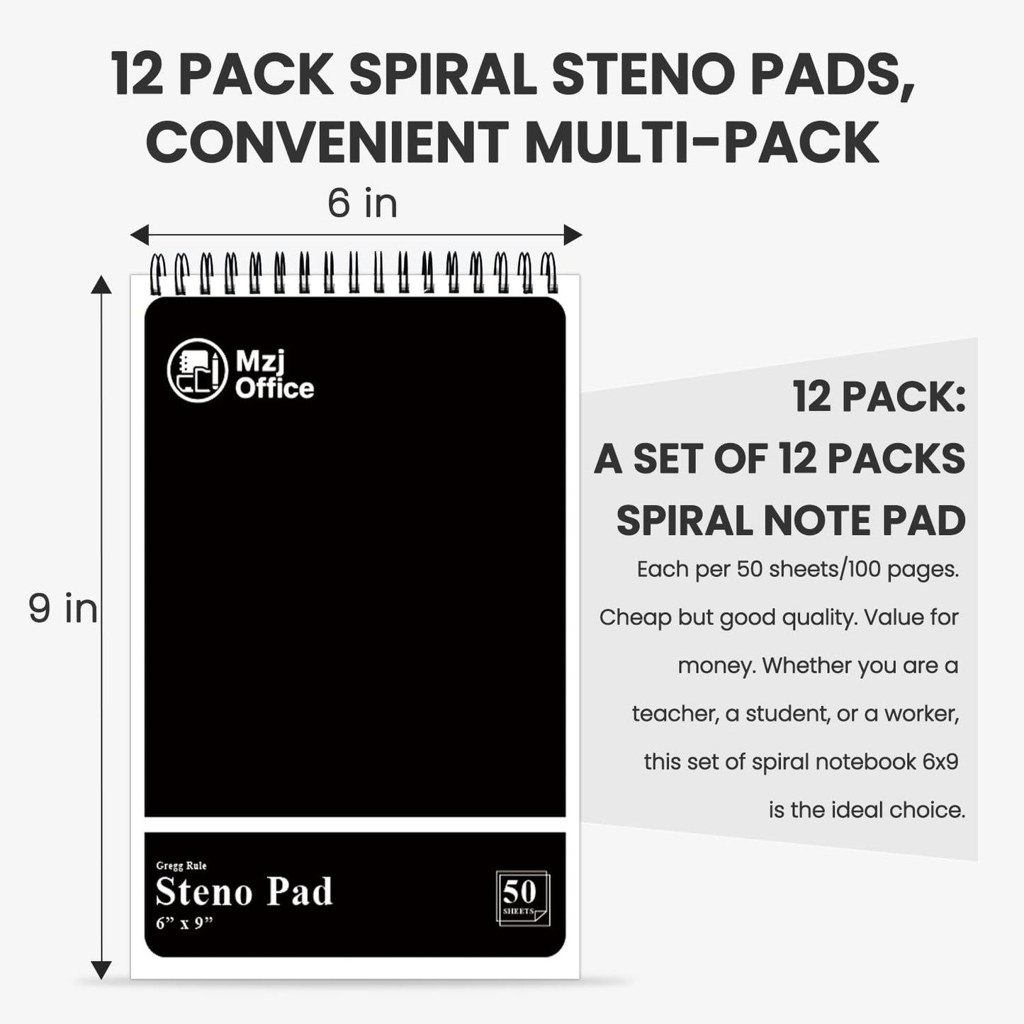 Steno Pads Spiral 6x9 12 Pack | Steno Notebooks Top Spiral Notepad | Steno Notepad 50 Sheets Each | Gregg Ruled Spirals Notebook 6x9 | Notebooks for Work.