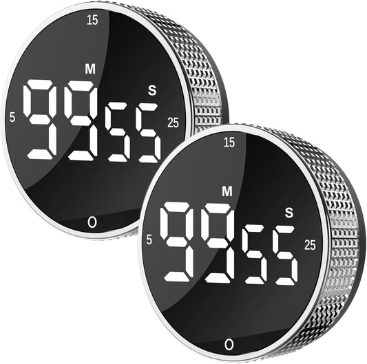 Upgrade Digital Kitchen Timer - Magnetic Countdown Countup Visual Pomodoro Timer with Large LED Display, 3-Preset Times (5, 15, 25), 3 Volume Levels, Ideal for Cooking, Baking and Fitness (2, Silver)
