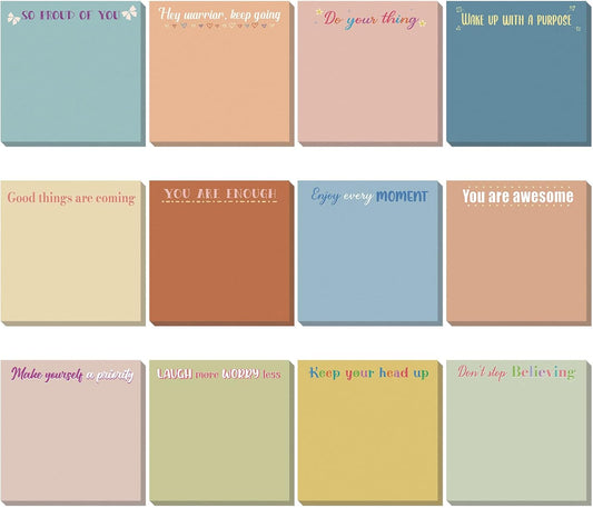 Zonon 12 Pieces Inspirational Sticky Notes 3 x 3 Inch Motivational Fun Notepads Positive Gifts for Teacher Nurse Coworkers Work Studying Supplies(Morandi Style)