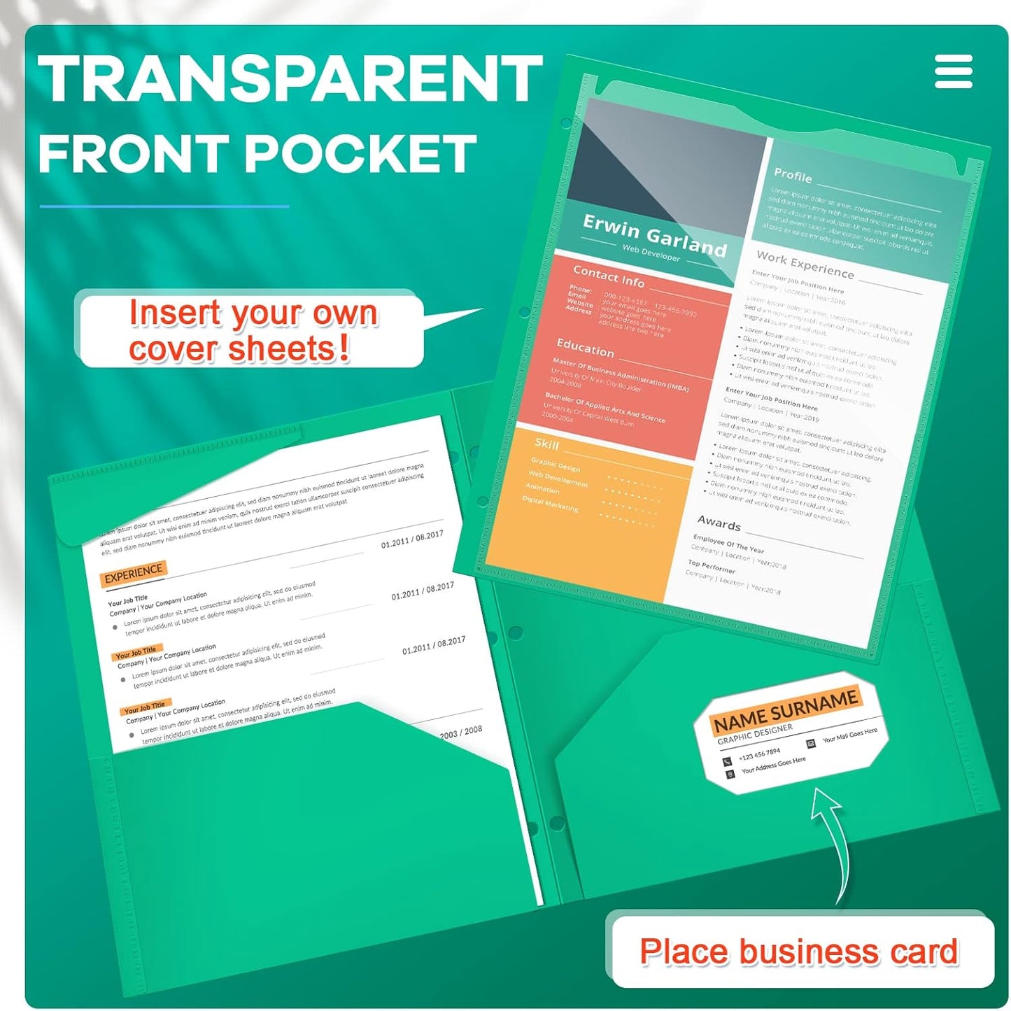 Henoyso 36 Pcs 2 Pocket Plastic Folders with Clear Front Pocket 3 Hole Punched File Folder Letter Size Take Home Documents Holder for Paper Holder Office Business Back to School Supply (Green)