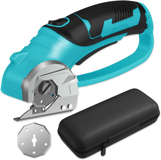 Cordless Electric Scissors, 4V Box Cutter & Cardboard Cutter with 2 Titanium Blades - Rotary Cutter with LED Light for Fabric, Leather, Carpet, Plastic, Crafting + Storage Case (Aqua Blue)