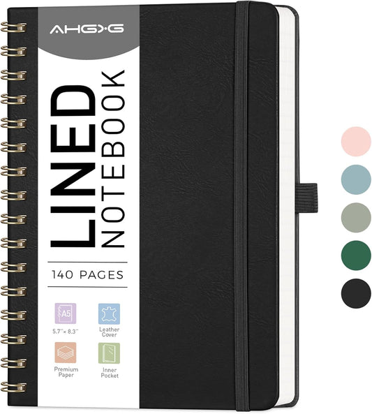 AHGXG Lined Spiral Notebook Journal for Women, 140 Pages Hardcover Leather Notebook College Ruled, A5 5.7" x 8.3", 100 GSM Thick Paper, Notebooks for School Work, Journals for Writing, Black