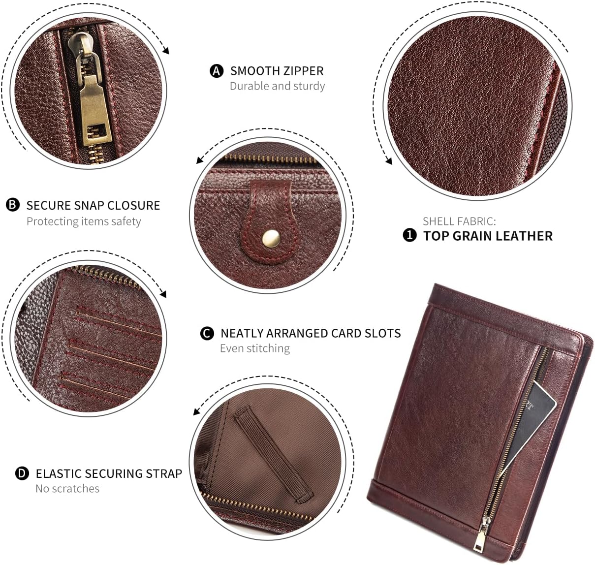 Augus Genuine Leather Portfolio with Zipper for Men/Women, Padfolio Business Resume A4/Pad, Folder Organizer, with Document Pocket, ID Window, Card Slots, Pen Holders (Brownish Red)