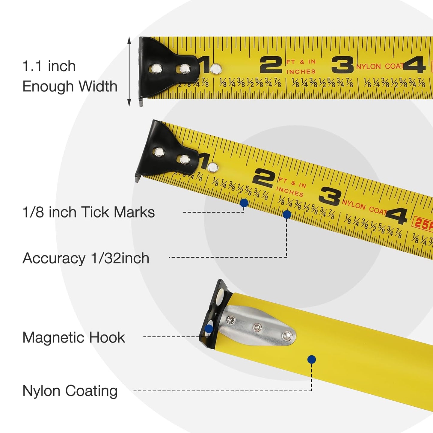 WORKPRO Heavy Duty Tape Measure, 2 Pcs 25FT Retractable Tape Measurement, Double Retract Long Stand Measuring Tape Accuracy 1/32 for Engineer, with Magnetic Hook, Belt Clip, Rubber Protective Casing