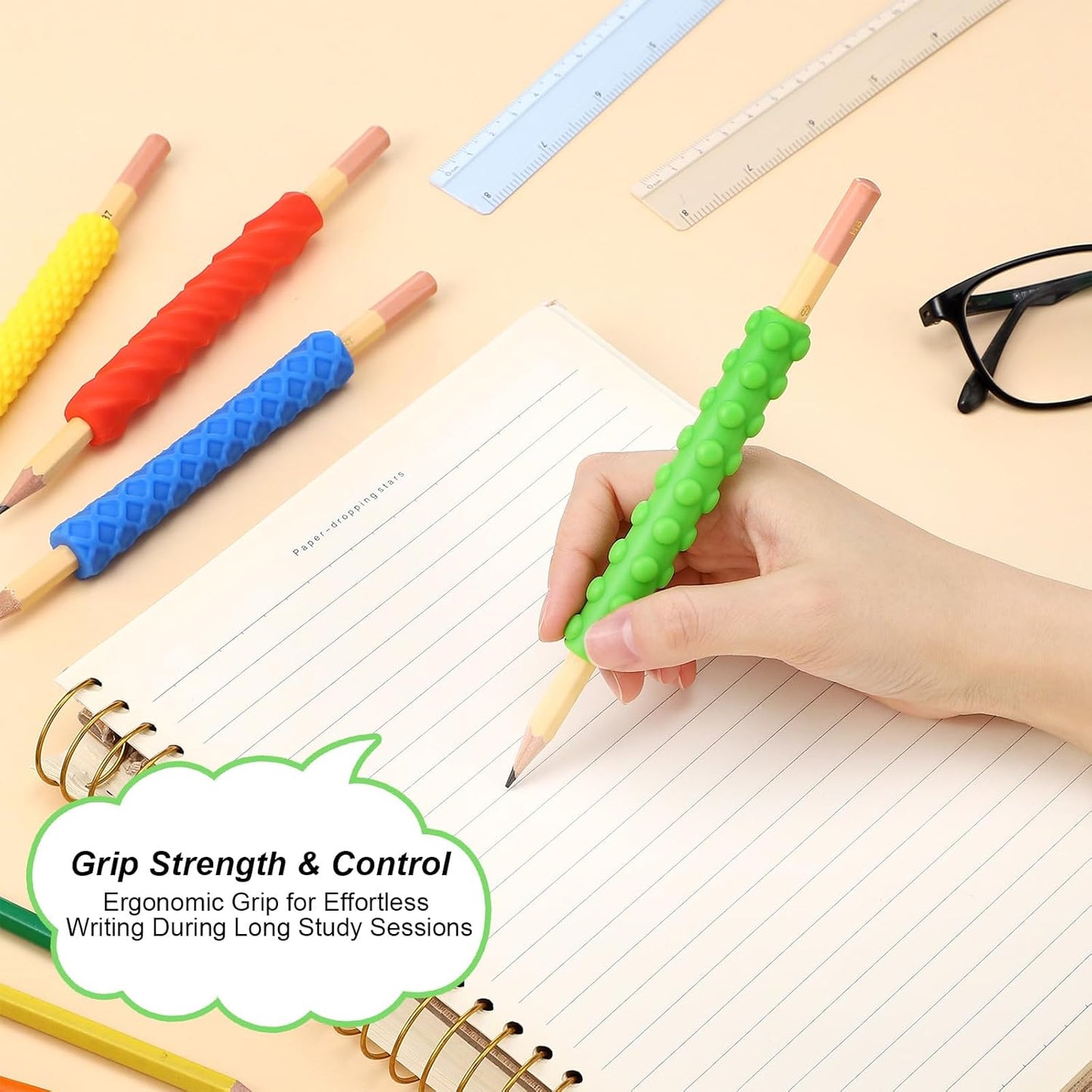 4 Pack Textured Fidget Pencil Grips with 4 Pencil, Silicone Sensory Fidget Toys for Adults Autism Calming, ADHD Tool, Anxiety Relief, Quiet Classroom, Quite Tool Gifts for Adults & Teens