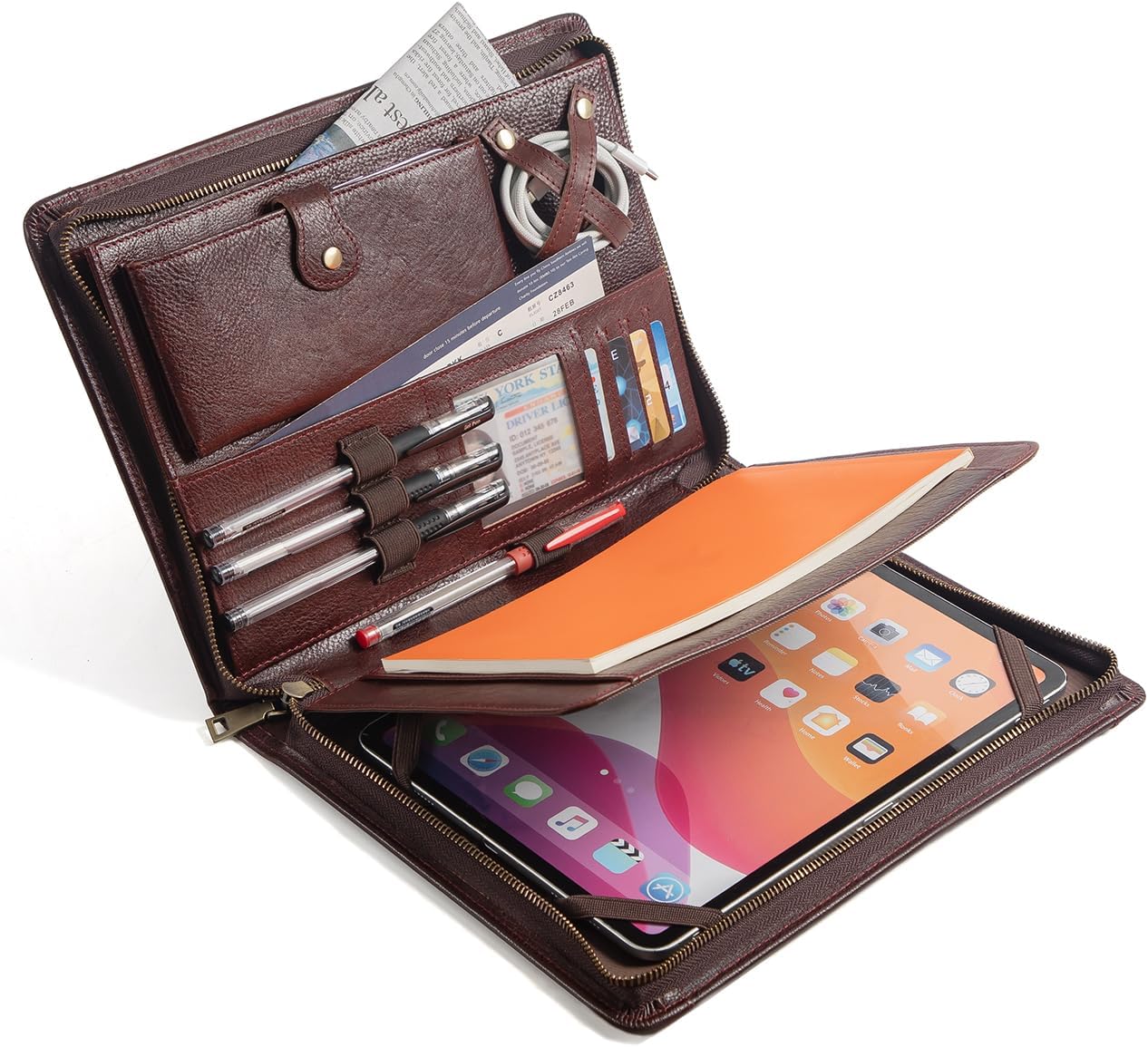 Augus Genuine Leather Portfolio with Zipper for Men/Women, Padfolio Business Resume A4/Pad, Folder Organizer, with Document Pocket, ID Window, Card Slots, Pen Holders (Brownish Red)