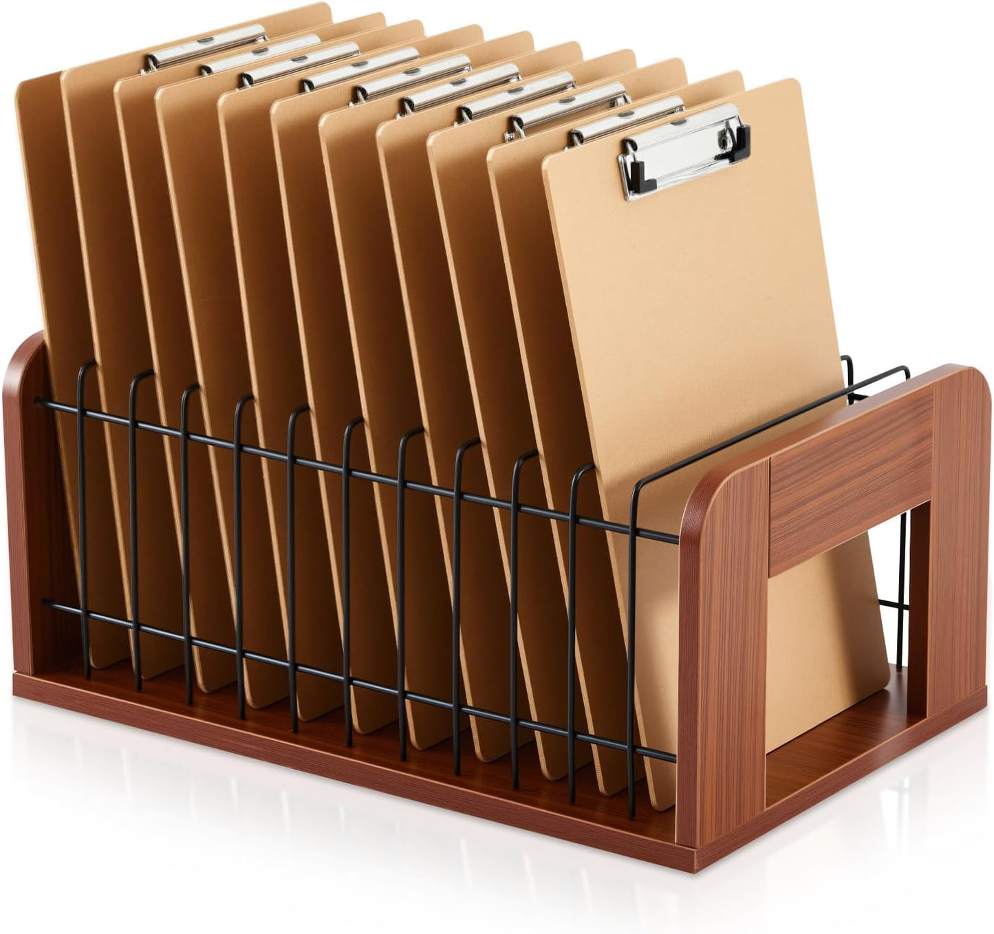 Geelin 1 Pcs Vertical Clipboard Holder, 12 Slot Wooden and Metal Clipboard Organizer, Desk File Organizer Storage Rack, Storage Stand Rack for Home, Office,No Assembly Required (Walnut)