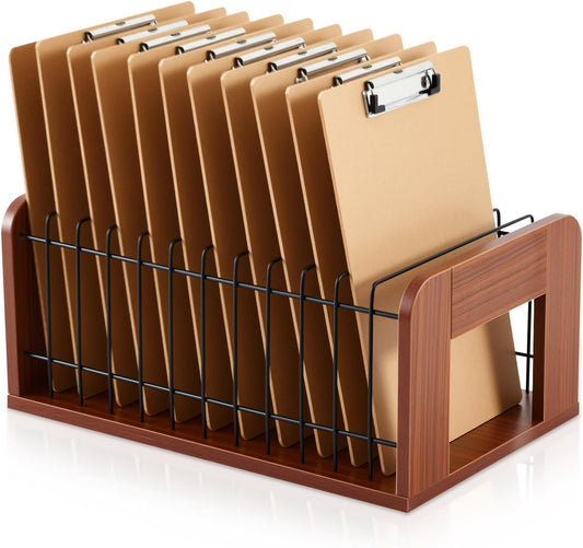 Geelin 1 Pcs Vertical Clipboard Holder, 12 Slot Wooden and Metal Clipboard Organizer, Desk File Organizer Storage Rack, Storage Stand Rack for Home, Office,No Assembly Required (Walnut)