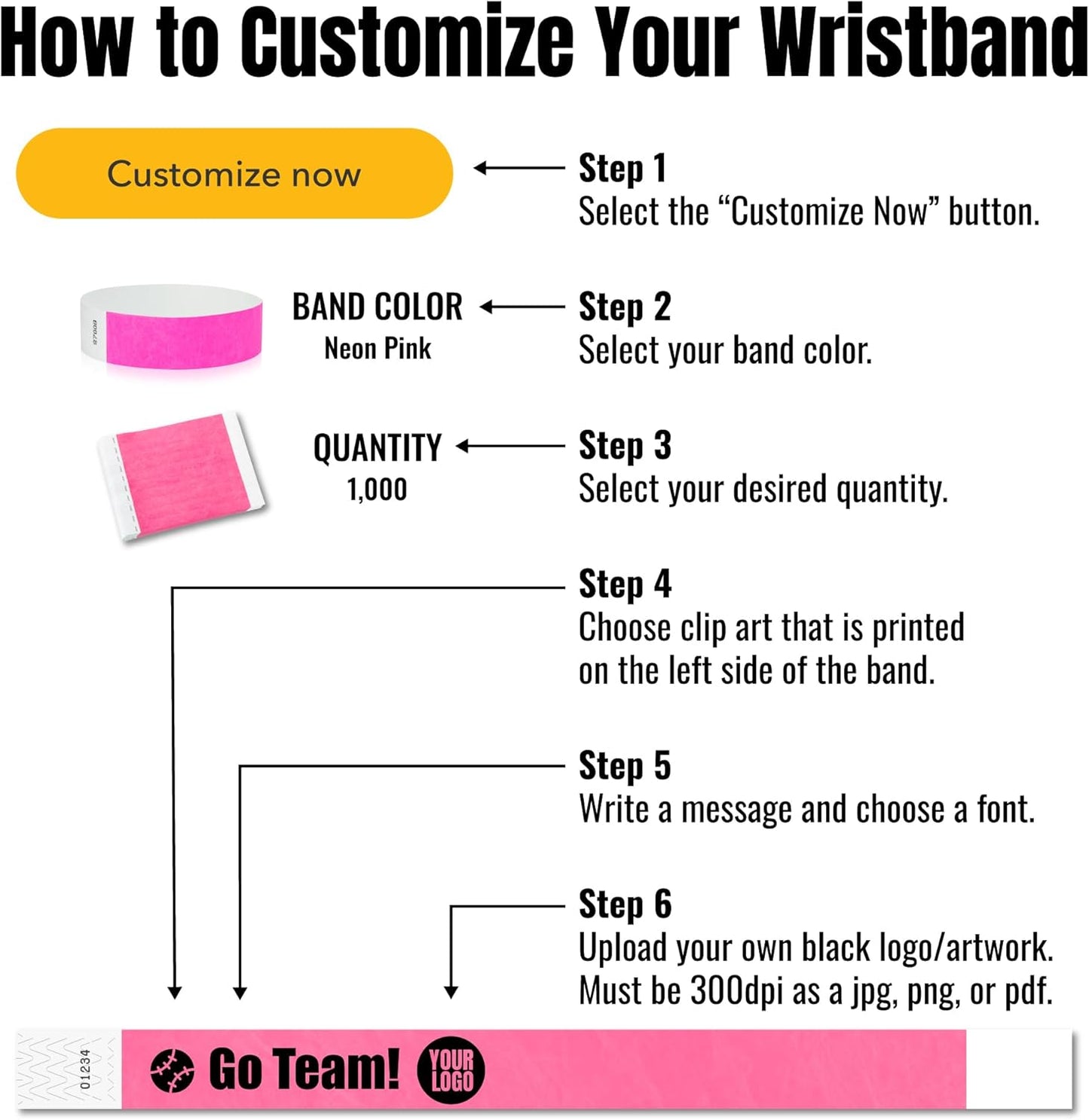 WristCo Custom Printed Wristbands | Super Rush | Fast Delivery – Select a Color Quantity & Personalize w/Clipart Text & Logos - Tyvek Wrist Band ID Bracelets for Events Party Security Admission VIP