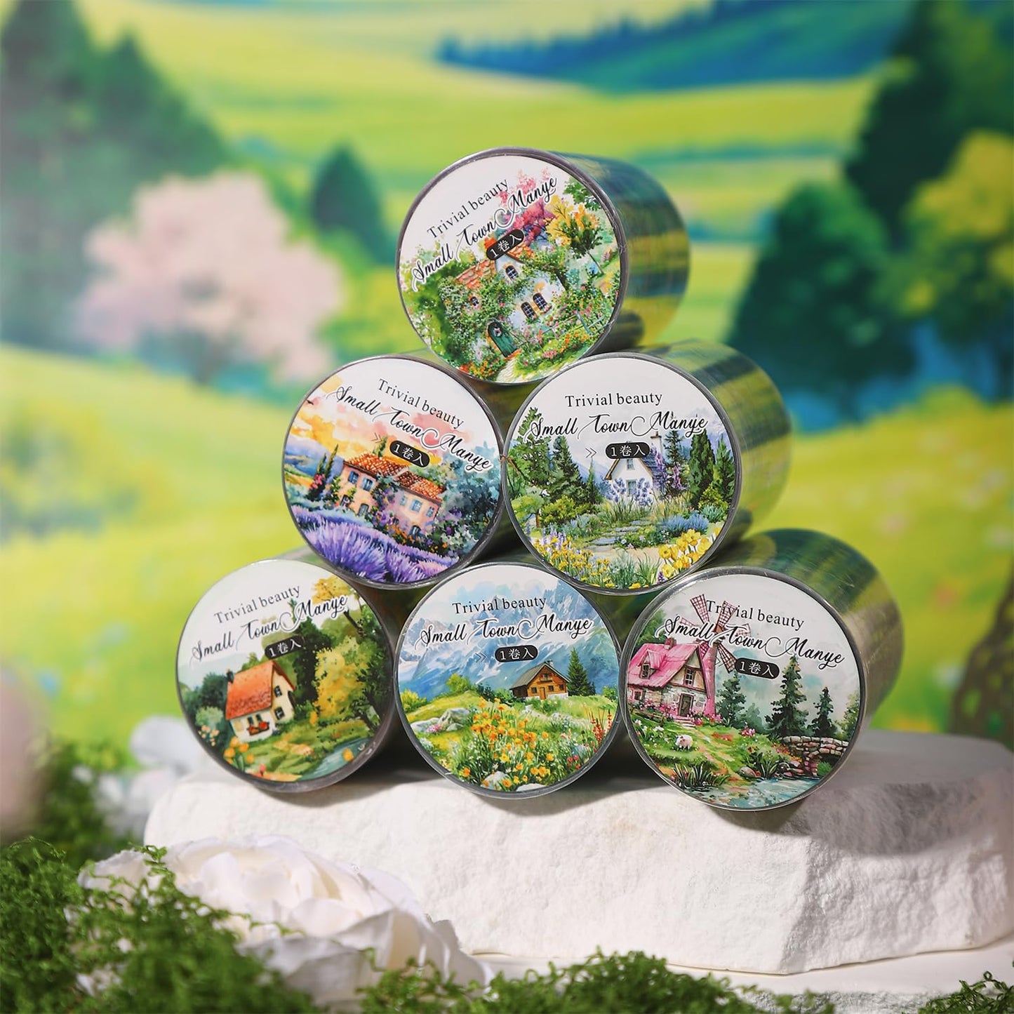Alideco 6pcs Decorative Adhesive Tapes Vintage Small Town Idyllic Mountain Scenery PET Tape Great for Bullet Journal Supplies, Arts, Scrapbook, DIY Crafts, Planners (xiaozhenmanye)