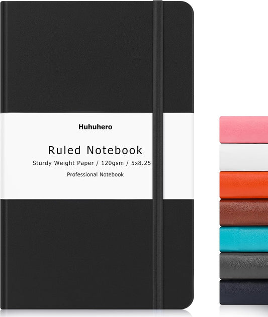 Huhuhero Lined Journal Notebooks for Work, Hardcover Leather Journals for Writing Women Men, 120Gsm Thick Paper College Ruled Notebook, Office School Supplies, 5.25"×8.25" (1, Matte Black)