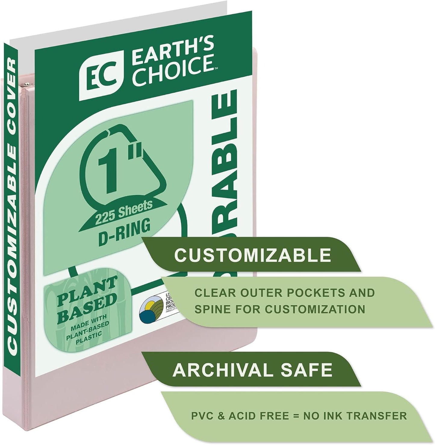 Samsill Plant-Based 1 Inch Durable D-Ring, Made in USA, View Binder, Eco-Friendly, USDA Certified Biobased, Single, Light Pink