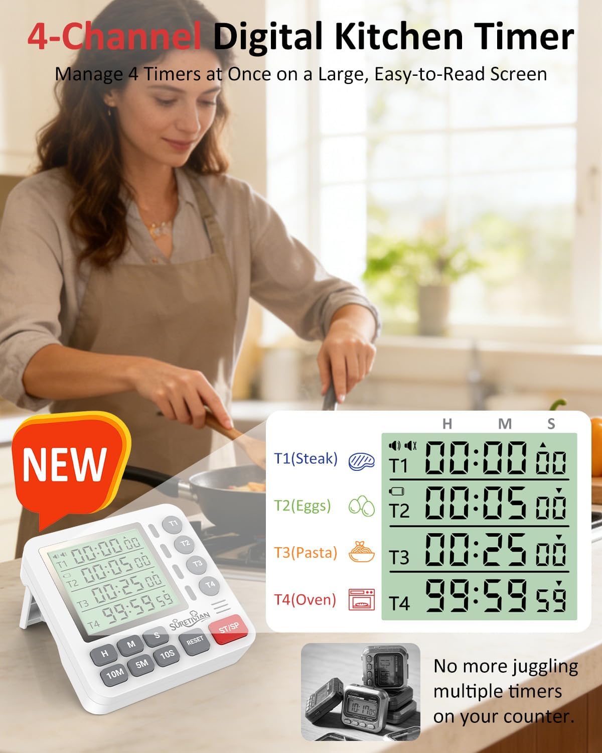 Digital Kitchen Timer for Cooking - 4 Channel Count Up Countdown Timer with Loud Alarm and Silent Mode, Large Display, Magnetic Back, Auto Memory for Classroom Study Gym, Battery Included (White&Grey)