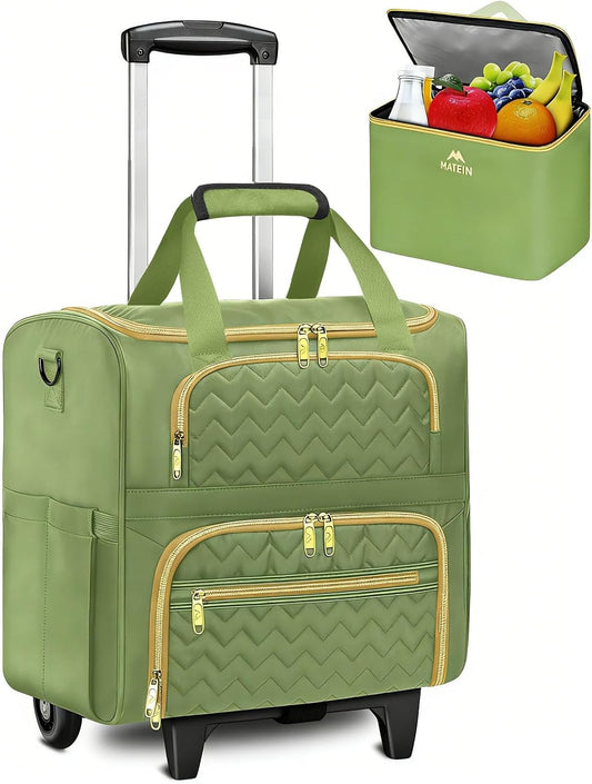 MATEIN Rolling Work Bag for Women, 15.6 Inch Rolling Teacher Bag with Detachable Cart, Roller Briefcase on Wheels with Insulated Lunchbox Gift for Nurse Teacher Commuter Professional, Green