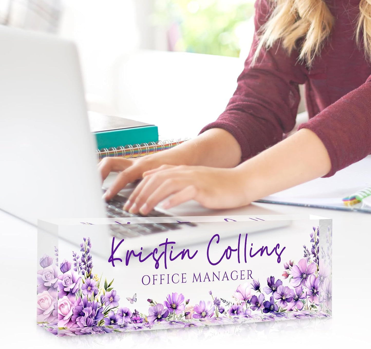 Custom Name Plate for Desk, Personalized Desk Name Plate on Clear Acrylic Glass, Appreciation Gifts for Teacher Employee Boss Coworkers Nurse, Office Desk Accessories for Women Men (Eggplant)