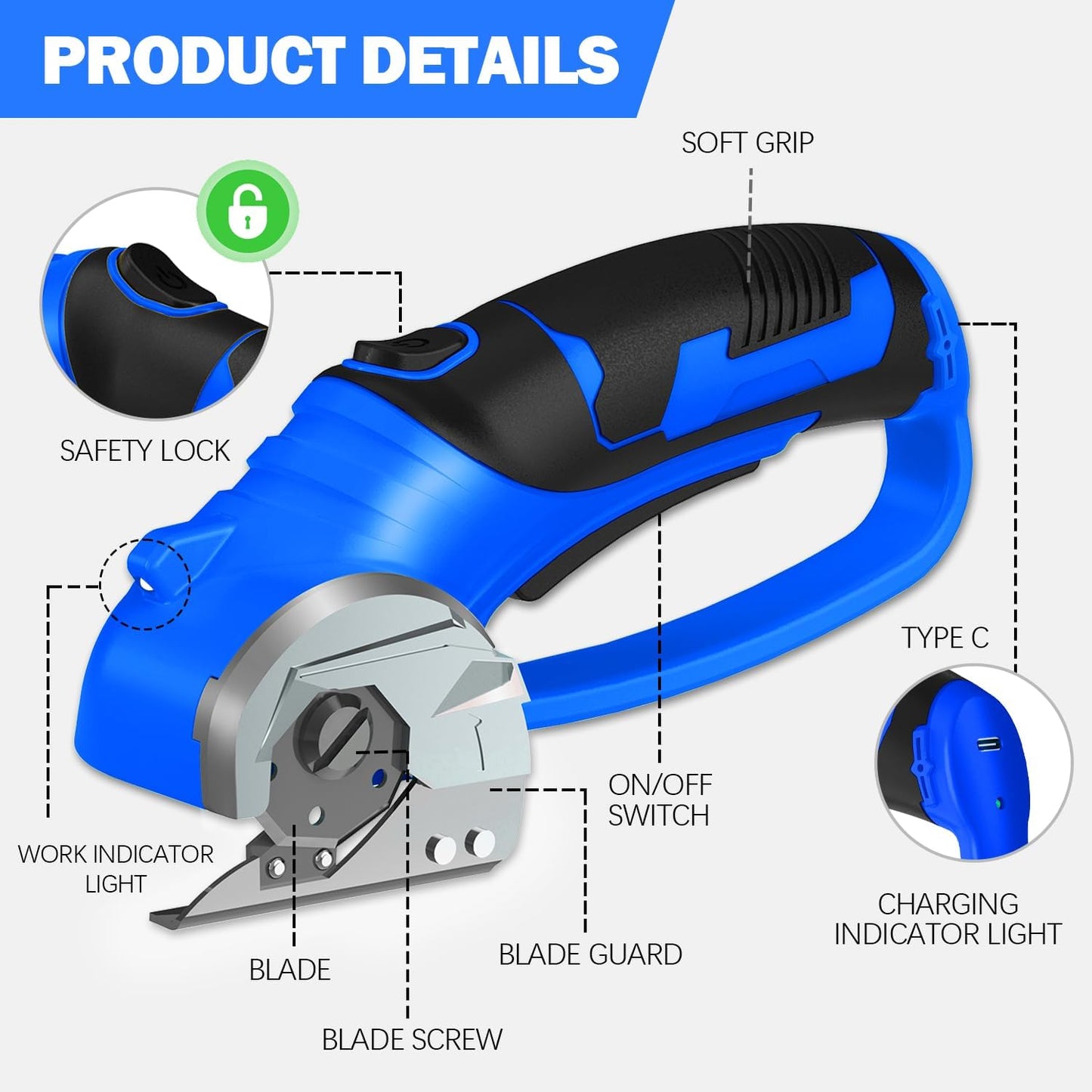 Cordless Electric Scissors, 4V Box Cutter & Cardboard Cutter with 2 Titanium Blades - Rotary Cutter with LED Light for Fabric, Leather, Carpet, Plastic, Crafting + Storage Case (Royal Blue)