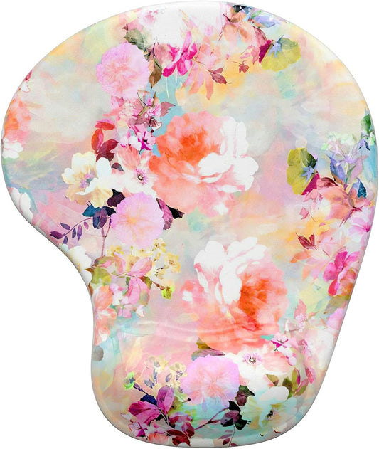 Hsurbtra Ergonomic Mouse Pad with Wrist Rest Support, Gel Mouse Pads with Non-Slip PU Base, Pain Relief Memory Foam Computer Mat, Cute Office Supplies Desk Decro Accessories, Pink Flower