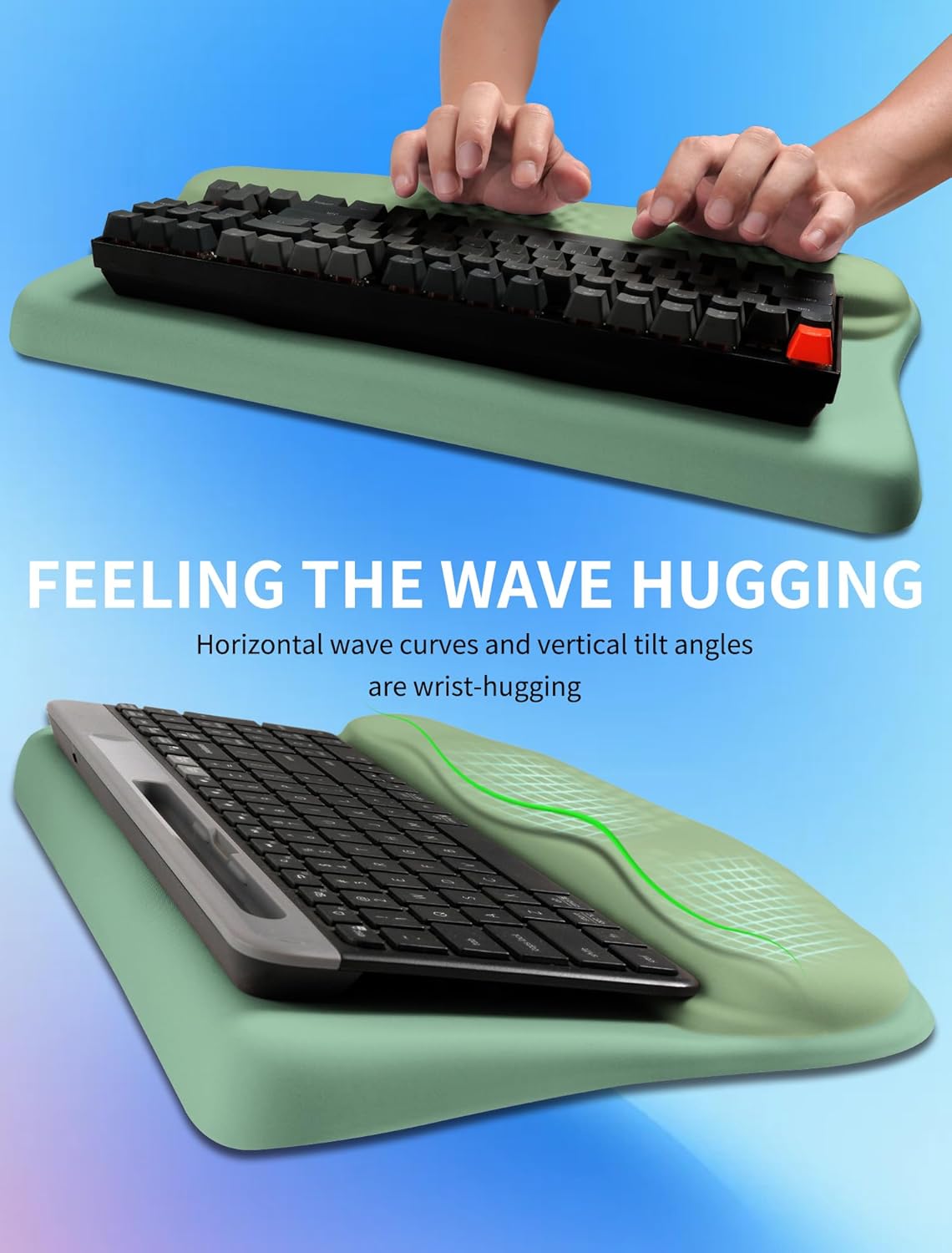 Ergonomic Wave Wrist Rest with Keyboard Stand, Cushioned Palm Rest, Comfortable Integrated Memory Foam for Natural Typing and Relieve Wrist Pain, Minty Olives Green