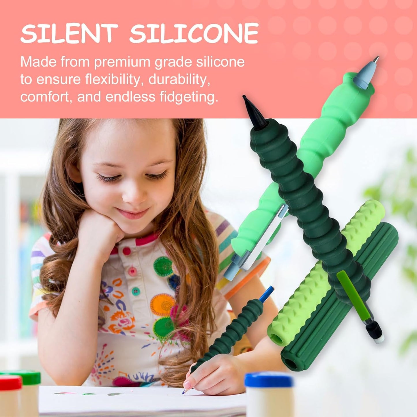 Pencil Grips, 4-Pack Textured Silicone Sleeves for Mechanical Pencils, Sensory Fidget ADHD Tool for Kids and Adults, Quiet Fidget Tools for Classroom Focus, Anxiety Relief (Green)