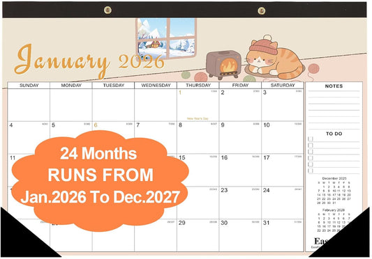 24 Month Desk Calendar 2026-2027, Runs from January 2026 to December 2027, Large 17"x12" Desktop/Wall Monthly Calendar, 2 Year Academic Calendar with Note & To Do for Home, School or office