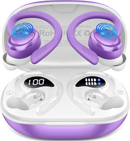 Wireless Earbuds Sport, New Bluetooth 5.4 Headphones with Earhooks, 50H Stereo Deep Bass Over Ear Buds with 4 ENC Noise Canceling Mics, IP7 Waterproof Earphones for Running Workout Gym -Purple
