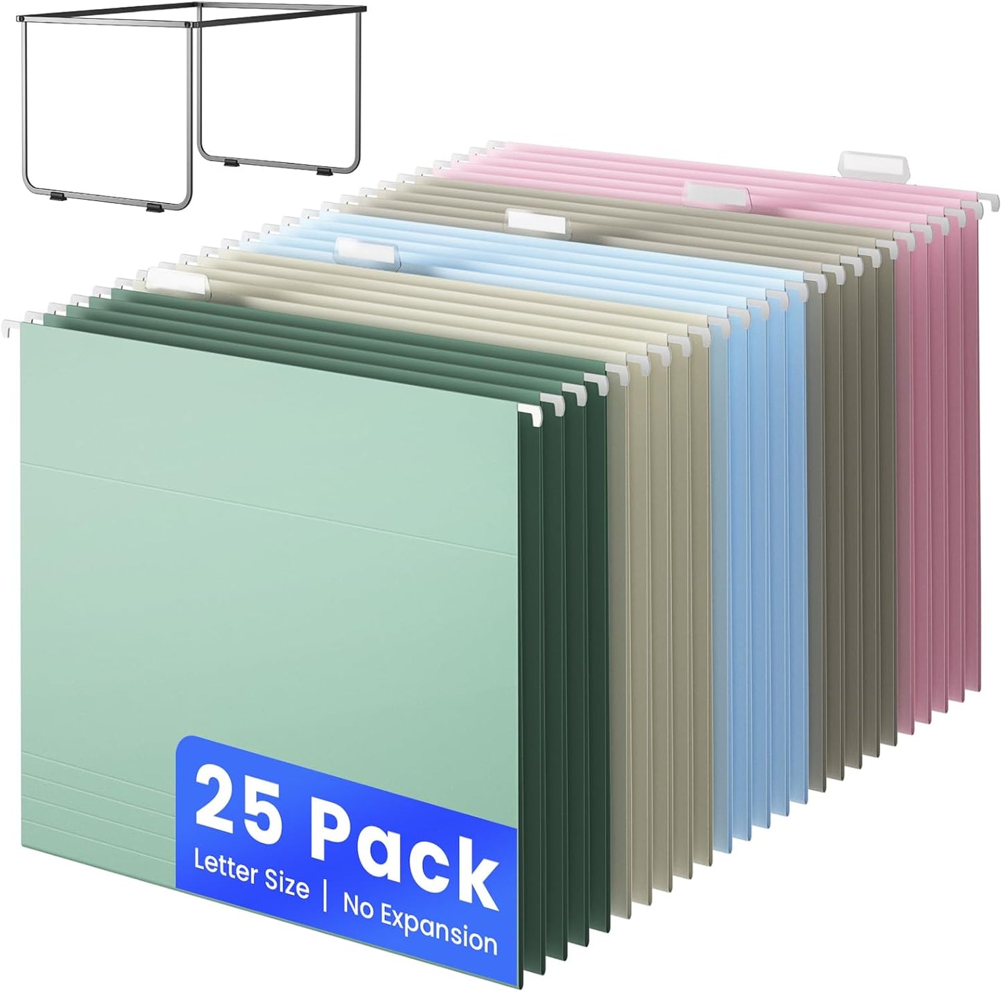 Hanging File Folders Letter Size, Metal File Frame with 25 Pcs Colored Hanging File Folders, No Extension 1/5-Cut Tabs File Organizer Includes Hanging Folders for Desk Office Filing Cabinet