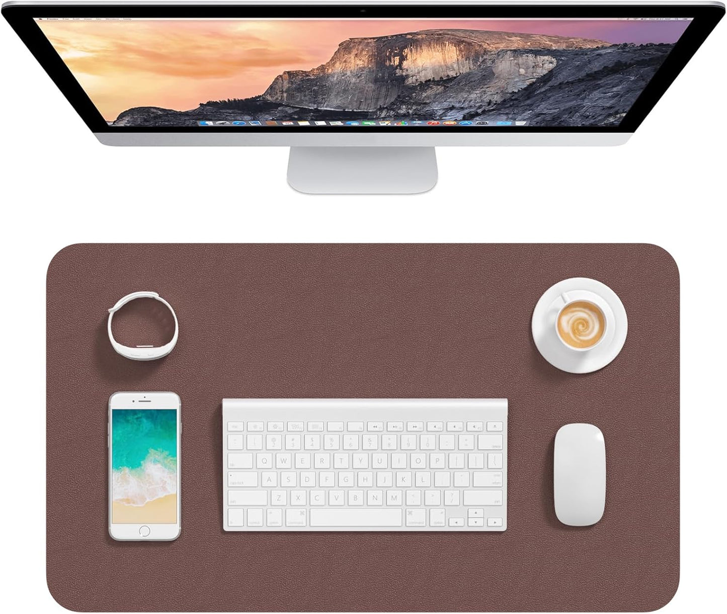 Hsurbtra Desk Pad, 23.6" x 13.8" PU Leather Desk Mat, M Extended Mouse Pad, Waterproof Desktop Blotter Protector, Non-Slip Ultra Thin Small Laptop Keyboard Writing Mat for Office Home, Dark Oak