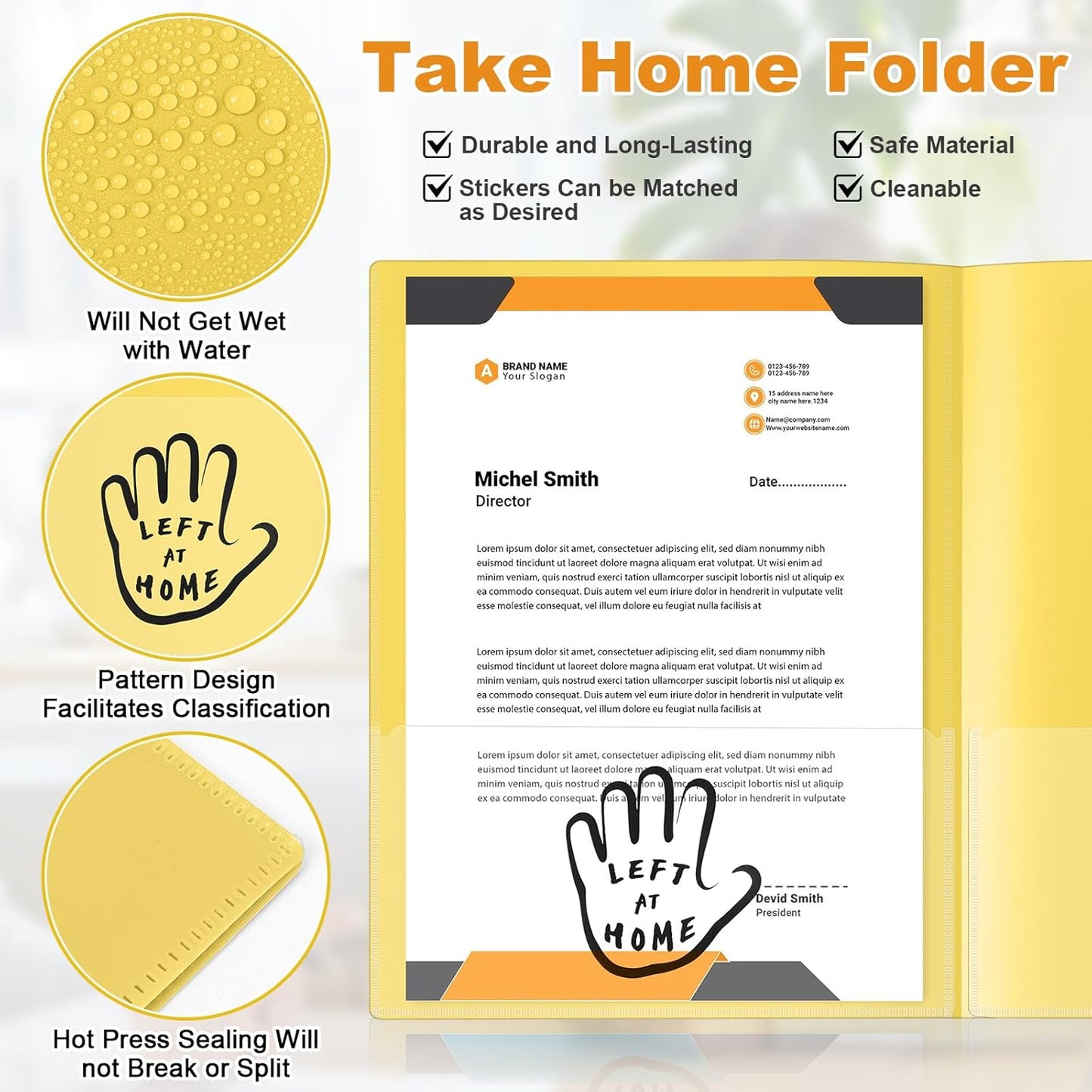 Henoyso 24 Piece Two Pocket Parent Teacher Communication Folder Homework Take Home Folders with Clear Front Pocket Plastic Heavy Duty Fit Letter Size for Home and School 11.8 x 9.45(Yellow)