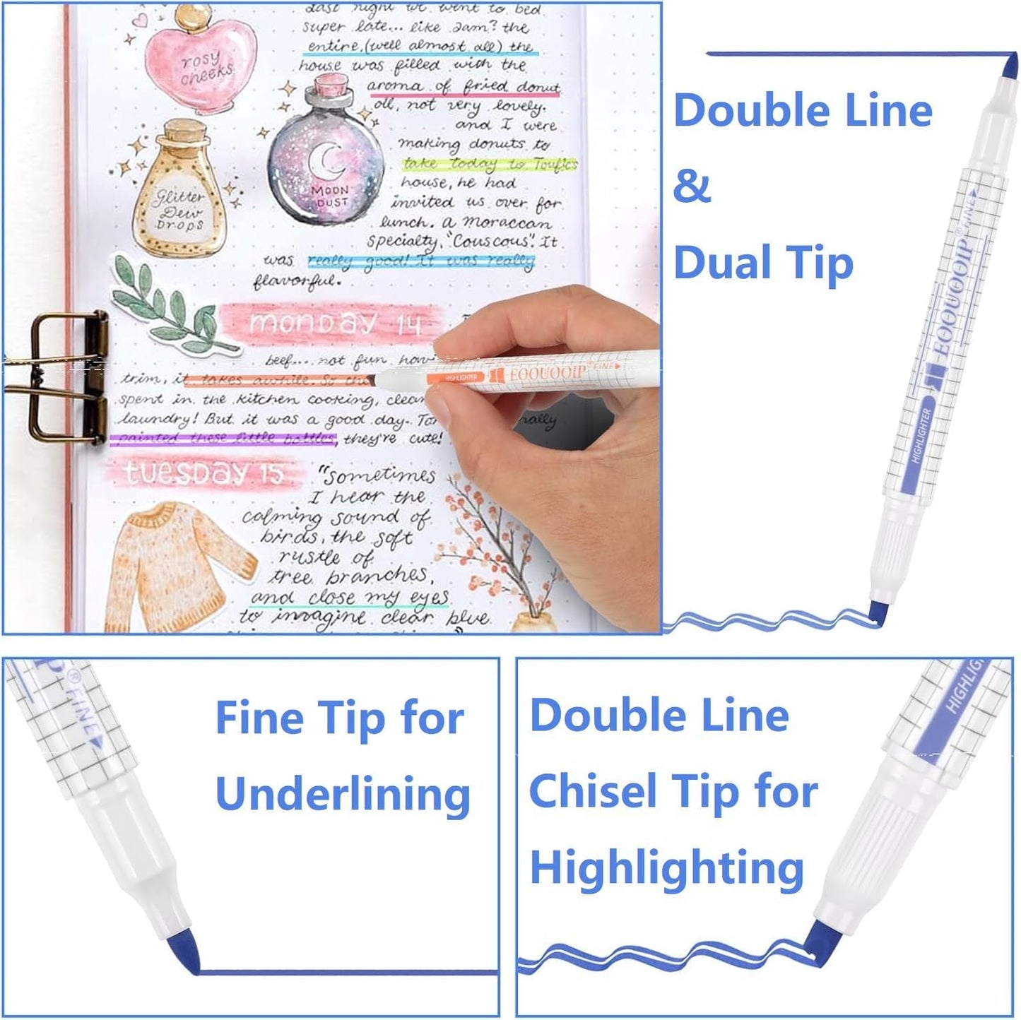 EooUooIP Dual-Tip Highlighter Set, 12 Pack, Pastel Highlighter Assorted Colors, Chisel and Fine Tips Bible Highlighters, No Bleed Highlighters Markers for Bible Journals Planners Books Notes