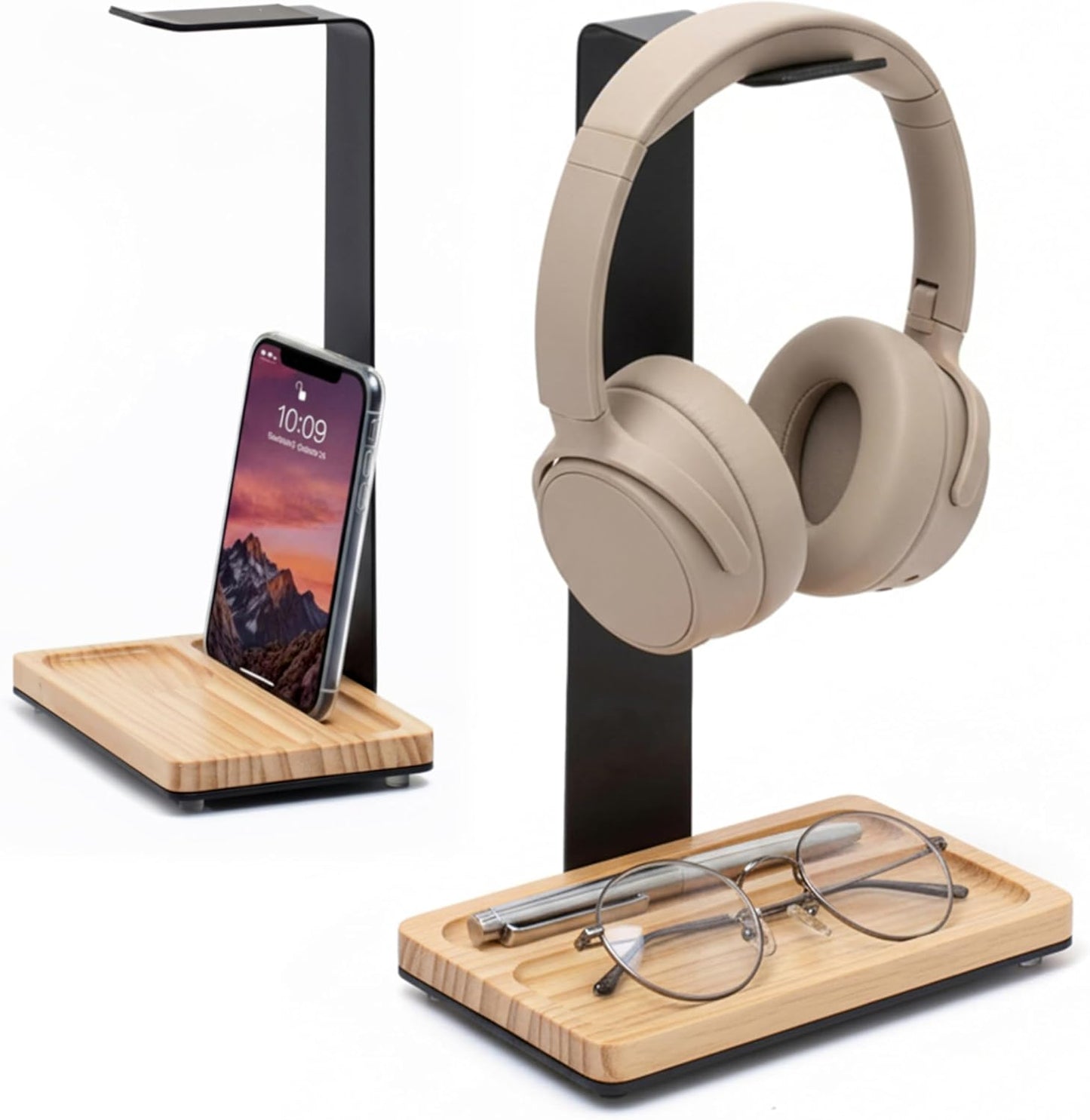 Wooden Headphone Stand with Storage Tray – Rubberwood & Metal Headset Holder with Anti-Slip Base, Scandinavian Desk Headphone Stand for Organizing Headphones, Phone, Keys & Accessories