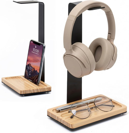 Wooden Headphone Stand with Storage Tray – Rubberwood & Metal Headset Holder with Anti-Slip Base, Scandinavian Desk Headphone Stand for Organizing Headphones, Phone, Keys & Accessories