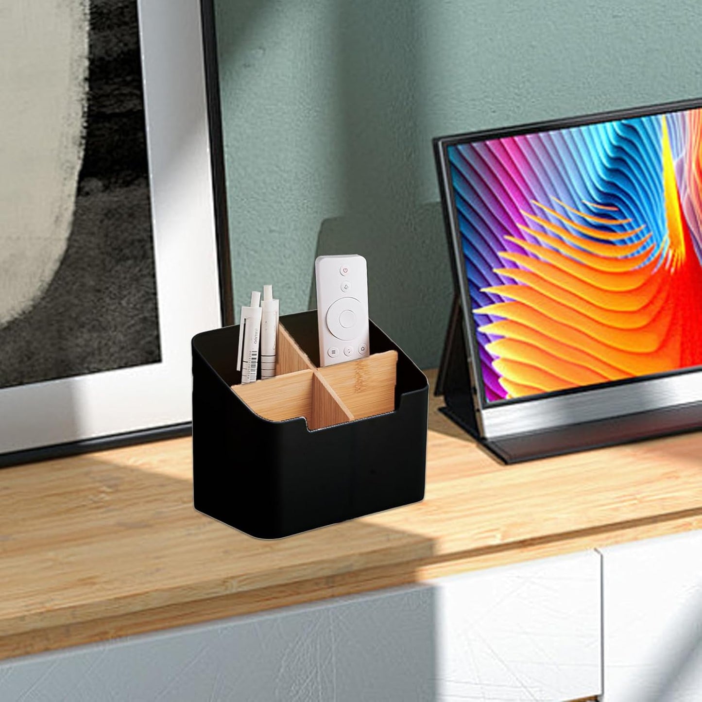 Remote Caddy Organizer - 4-Divided Desktop Holder, Compact Storage Tray, Multi Slot Utility Box | Perfect Remotes Pens Cosmetics Brushes Phones Tableside Livingrooms Bedrooms Workspaces Home Arrangeme