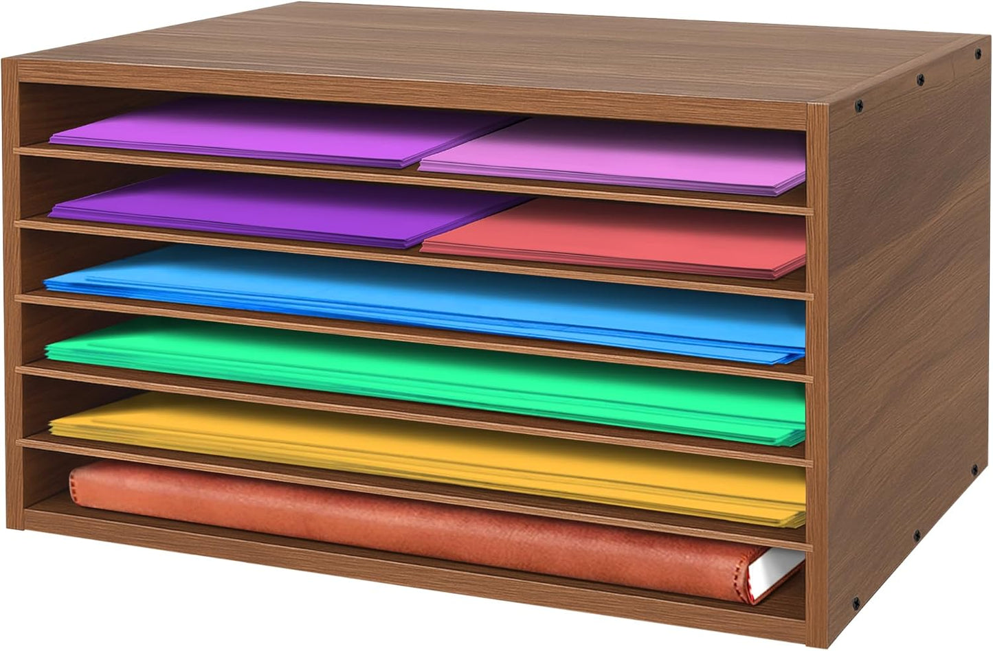 Prolee Construction Paper Organizer 20" x 13.5" x12.2",Soild Wooden Paper Organizer with 6-Tier Letter Trays, Desktop File Papers Sorter for Home, Classroom and Office (Walnut)