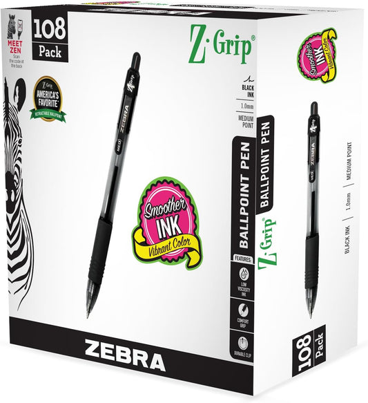 Zebra Pen Z-Grip Retractable Ballpoint Pens, Medium Point, 1.0mm, Black Ink, Soft Latex-Free Grip, Metal Pocket Clip, Plastic Barrel, 108 Pack, Ideal School Supplies & Office Supplies (22108)