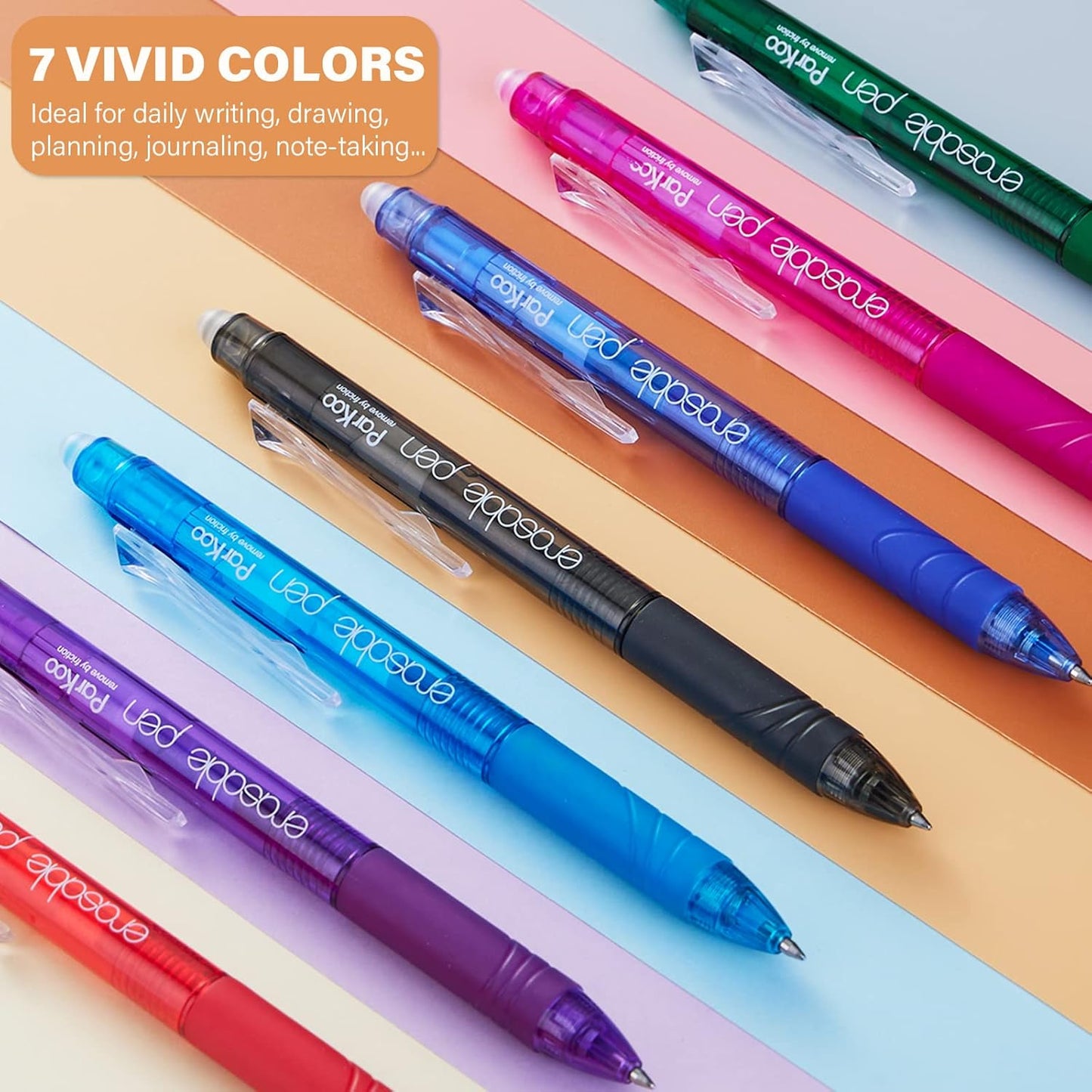 ParKoo Retractable Erasable Gel Pens Clicker, Fine Point, No Need for White Out, Assorted Color Inks for Planners and Crossword Puzzles, 7-Pack