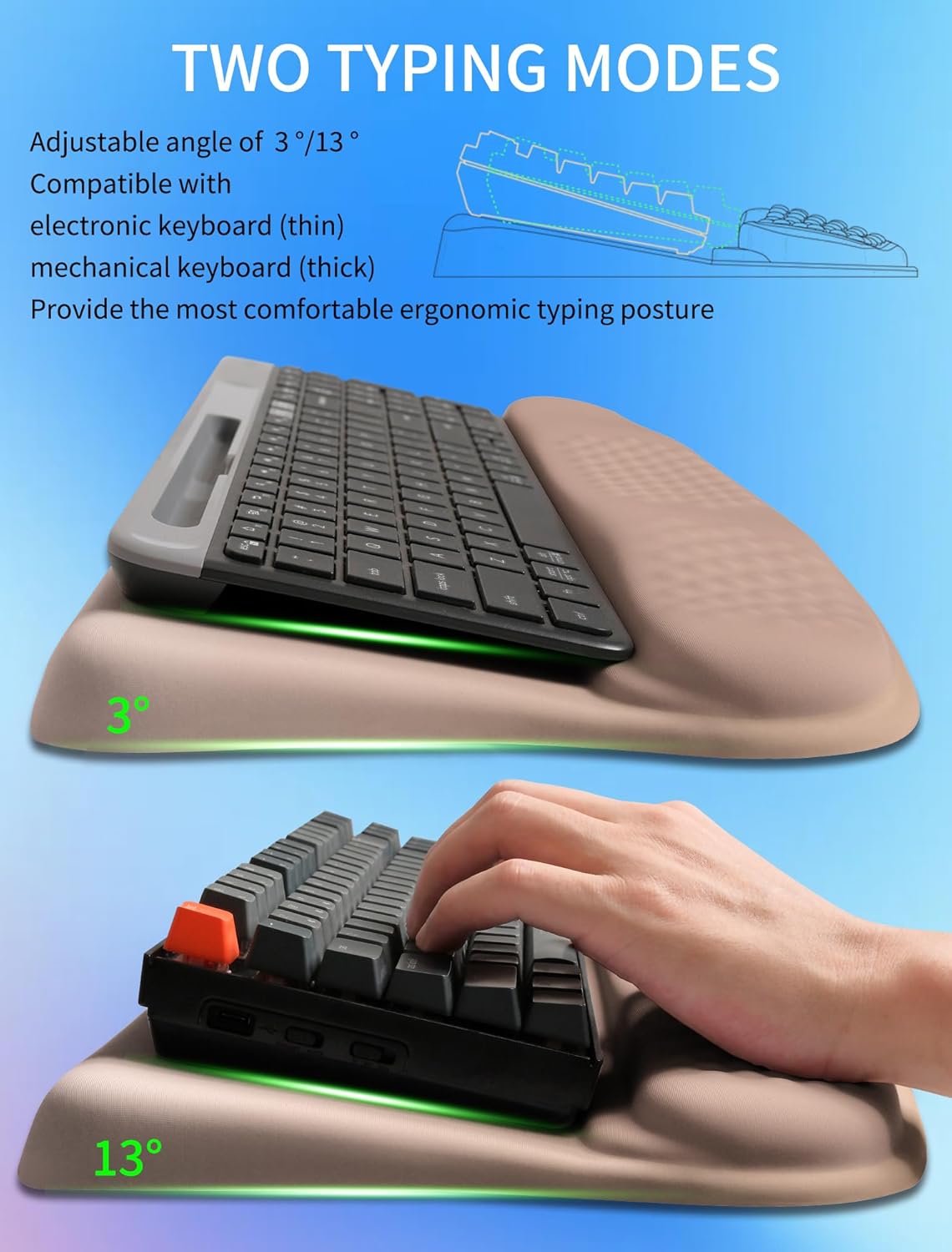 Ergonomic Wave Wrist Rest with Keyboard Stand, Cushioned Palm Rest, Comfortable Integrated Memory Foam for Natural Typing and Relieve Wrist Pain, Gradient Sand Color