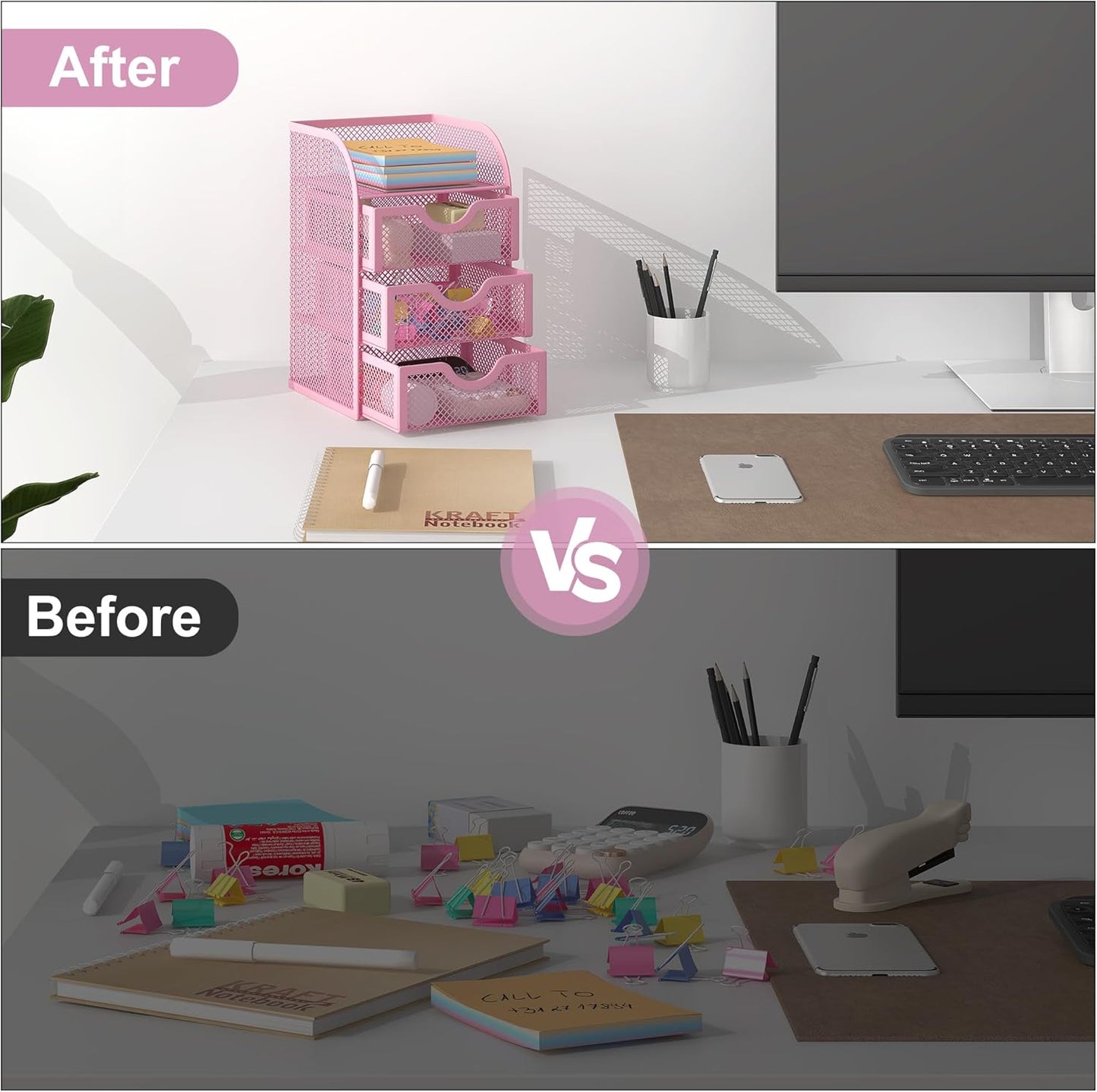 EasyPAG Mesh Desk Organizer with 3 Drawer Office Desktop Organizers and Accessories Stationery Caddy for Office, Home, Students, Pink