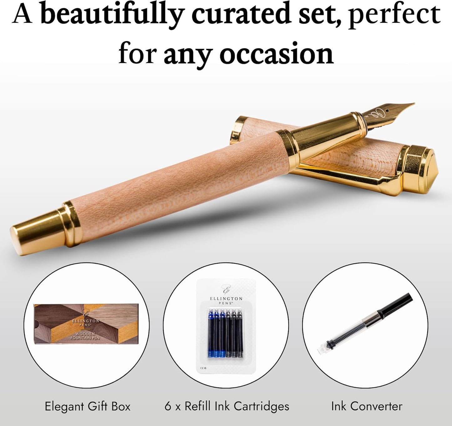 Ellington Pens Luxury Wood Fountain Pen Set – Extra Fine Nib - Includes 6 Ink Cartridges, Wooden Pen Gift Box, Ink Converter - Wood Pen For Writing, Calligraphy, Journaling, Drawing (Maple Harmony)