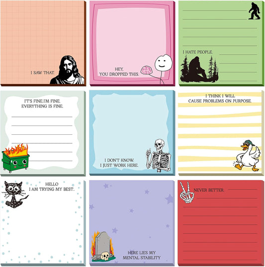 9 Pads Cute Sticky Notes Cartoon Self Stick Notepads 3x3 Inches Notes Adhesive Memo Pad Office Decor Gifts for Students School Teacher Office Meeting (Funny)