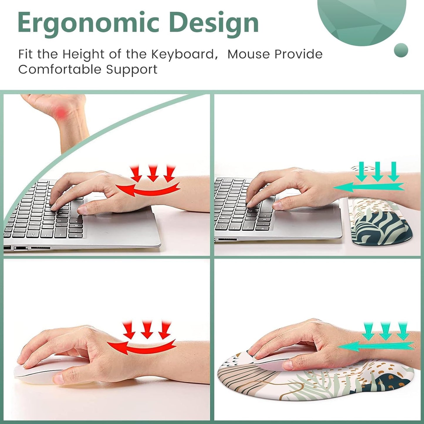 iLeadon Mouse Pad Wrist Support Keyboard Wrist Rest Set, Ergonomic Mouse Pad with Non-Slip Base for Computer Laptop Home Office + Coasters, Easy Typing & Pain Relief Mouse Mat, Tropical Plants