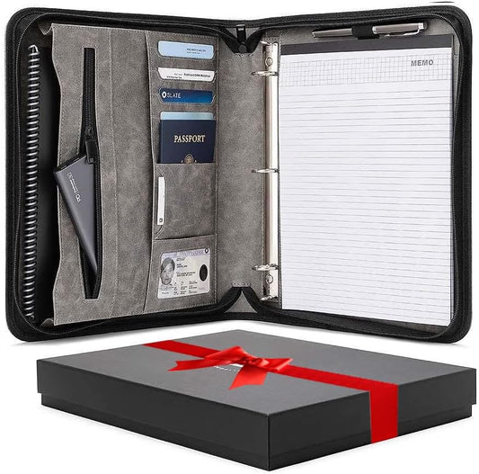 Forevermore Portfolios Padfolio Binder - Professional Faux Leather Travel Organizer Pouch for Tablet, Documents, Presentation Folders, Zipper Closure, Detachable 3-Ring Notepad - Gray
