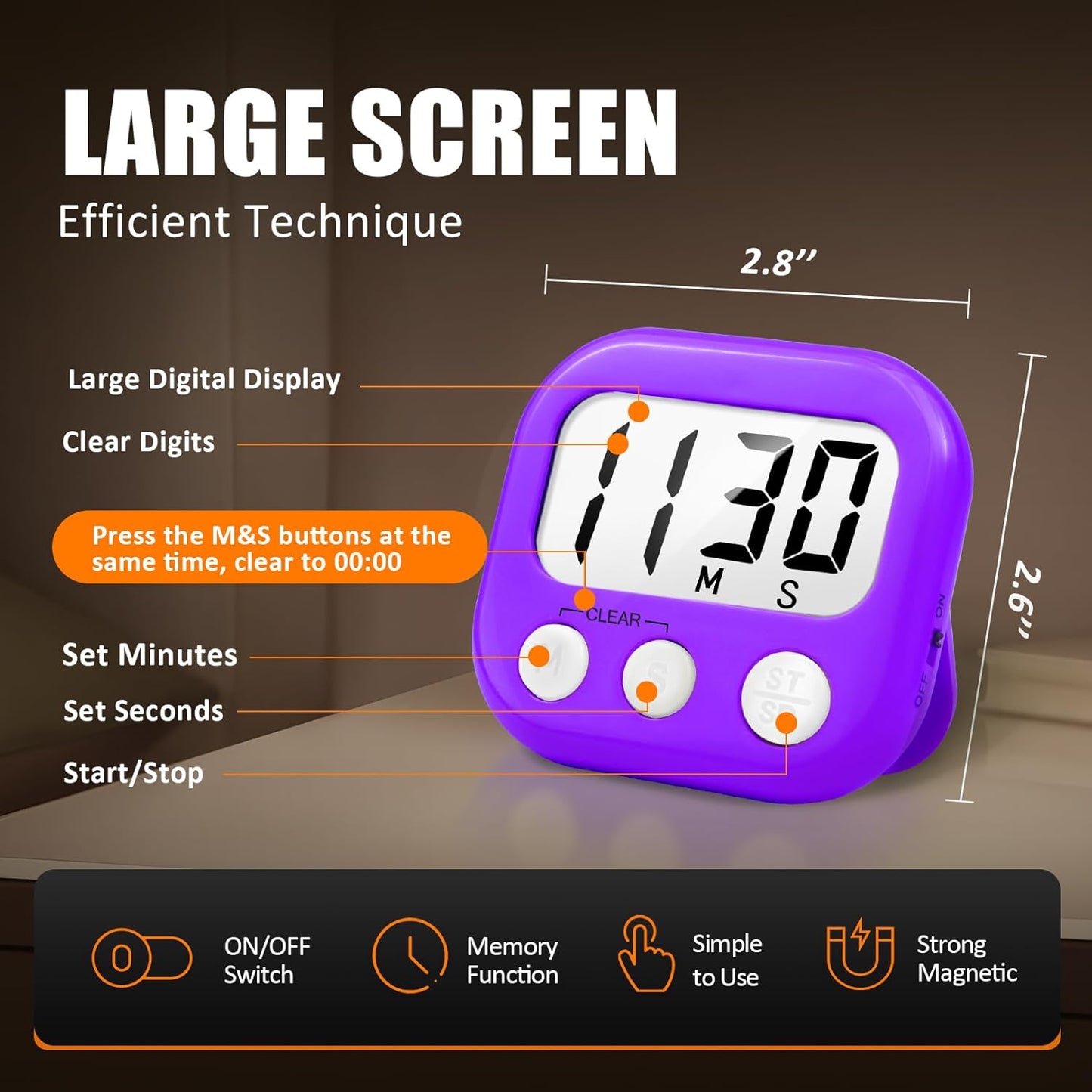 6 Pack Digital Kitchen Timer for Cooking Big Digits Loud Alarm Magnetic Backing Stand Cooking Timers for Baking Purple