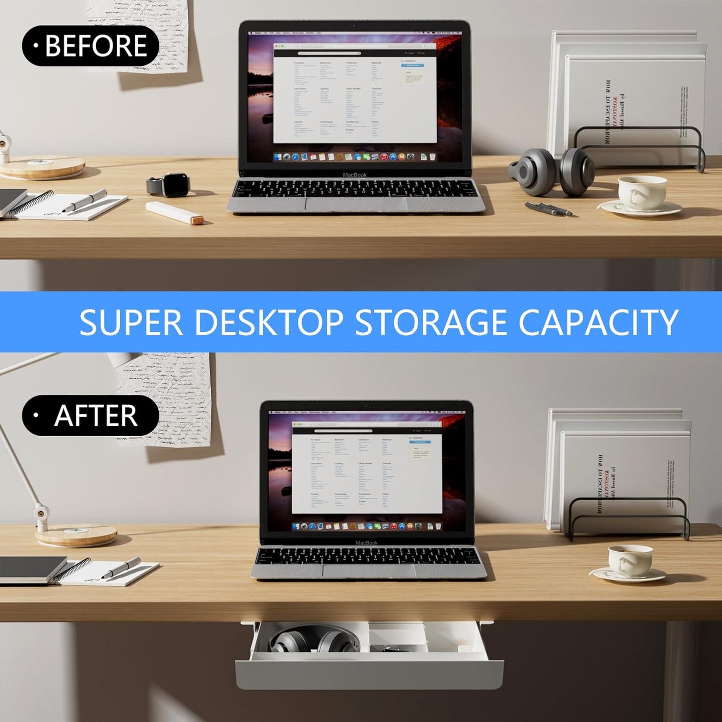 White Under Desk Sliding Pull-out Drawer with Pencil Tray and Slide Storage Tray, 17'' long & 13.5'' deep Large Organizer for Sit Stand Workstation…