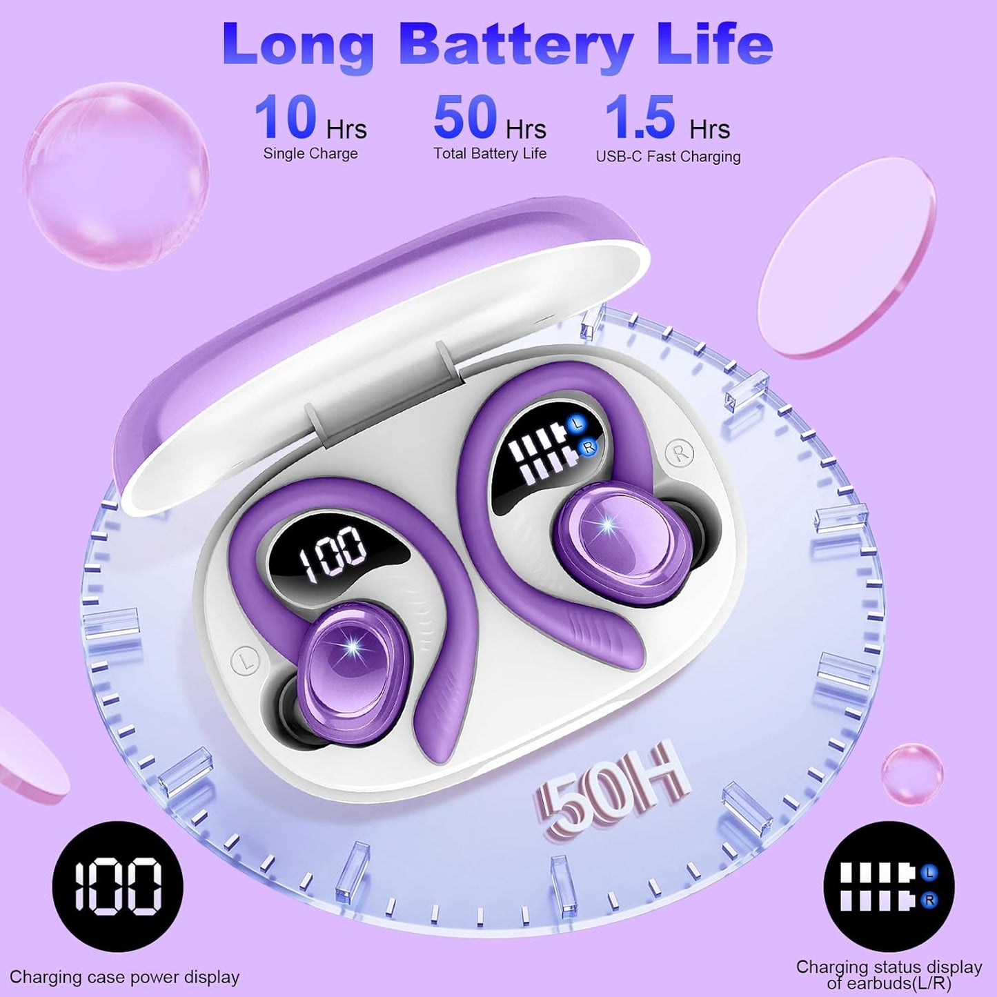 Wireless Earbuds Sport, New Bluetooth 5.4 Headphones with Earhooks, 50H Stereo Deep Bass Over Ear Buds with 4 ENC Noise Canceling Mics, IP7 Waterproof Earphones for Running Workout Gym -Purple