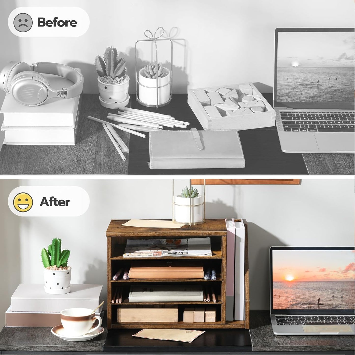 HOOBRO Mail Sorter, Literature Organizer with Adjustable Shelves, Paper Organizer for Office, Home, Wood Countertop File Holders, Mails, Magazines, Rustic Brown FG41WF01